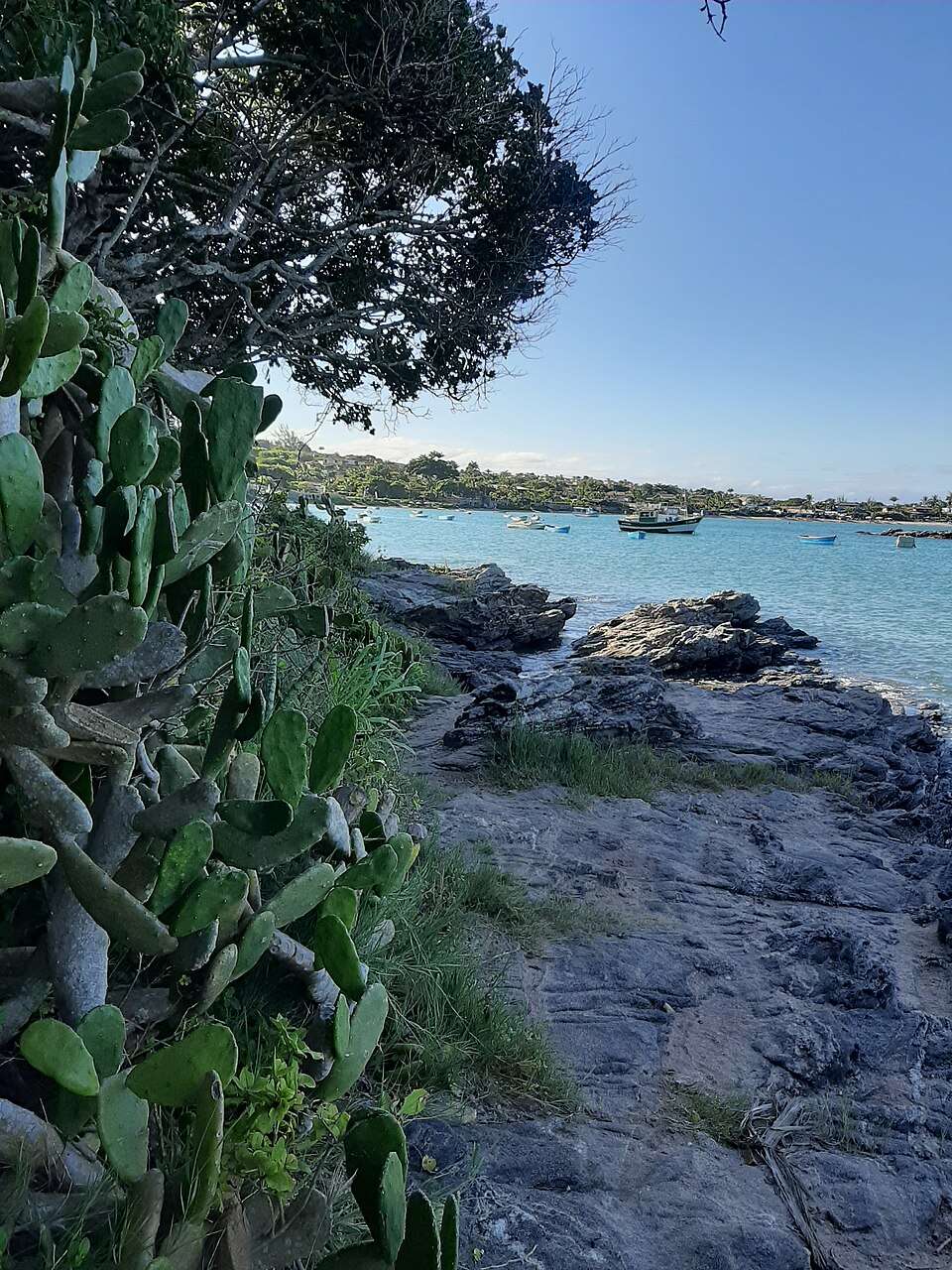 The rocky coastal path and fishing boats at Búzios